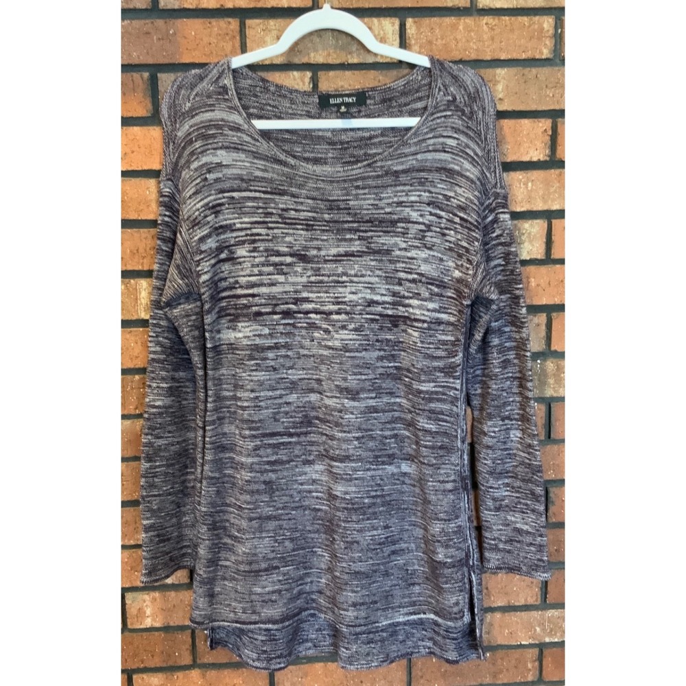 Ellen Tracy Womens Purple White Space Dye‎ Knit Scoop Neck Tunic Sweater Size M
